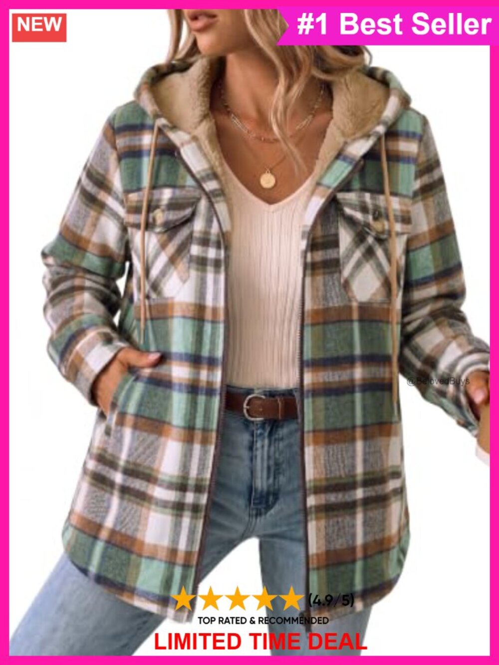 Fleece Lined Plaid Hooded Shacket Zip Front Winter Jacket
